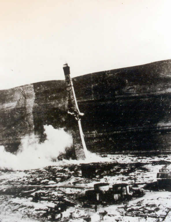 Black & white photo of stacks blown up